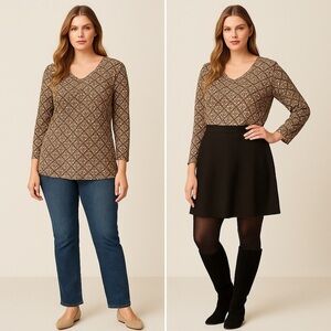 Hearts of Palm Geometric Brown and Cream Blouse